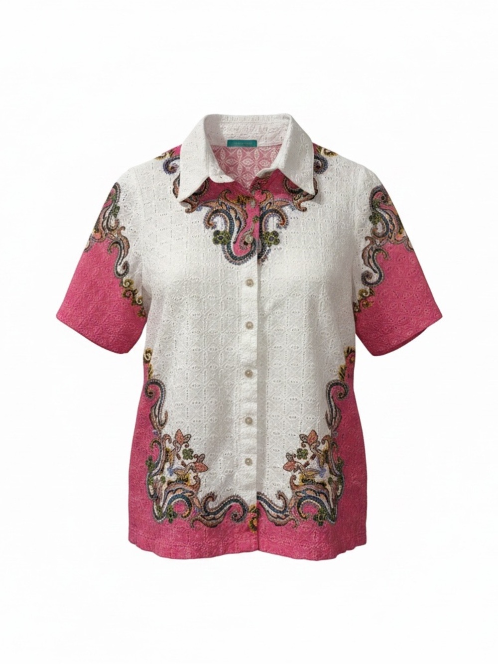 Women's Cia Maritima Short-Sleeve Button-Down Blouse in White and Pink Small
